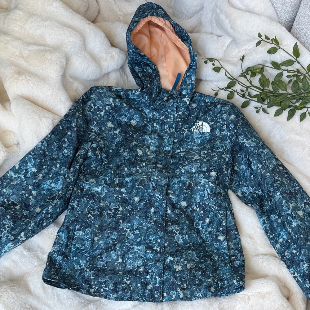 The North Face Teal Blue Hooded waterproof rain jacket with Peach Lining